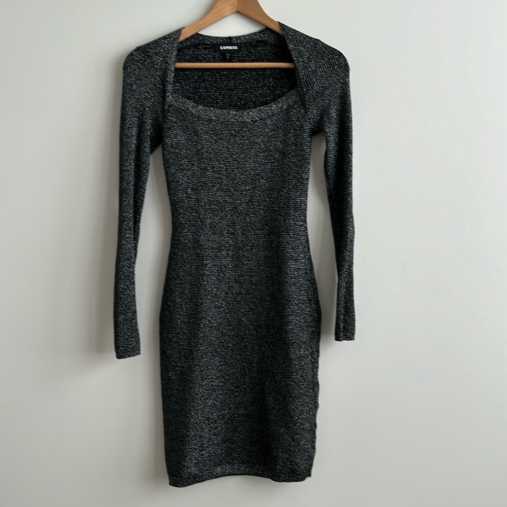 Express shiny silver black glitter bodycon fitted long sleeve knit dress
